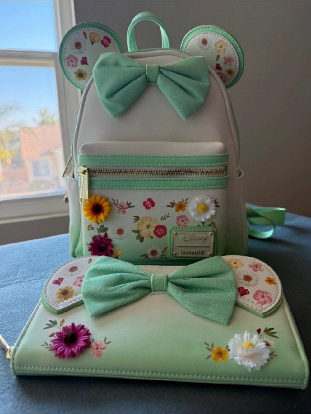 Disney Mint Floral Bow Mini Backpack and Wallet Set
